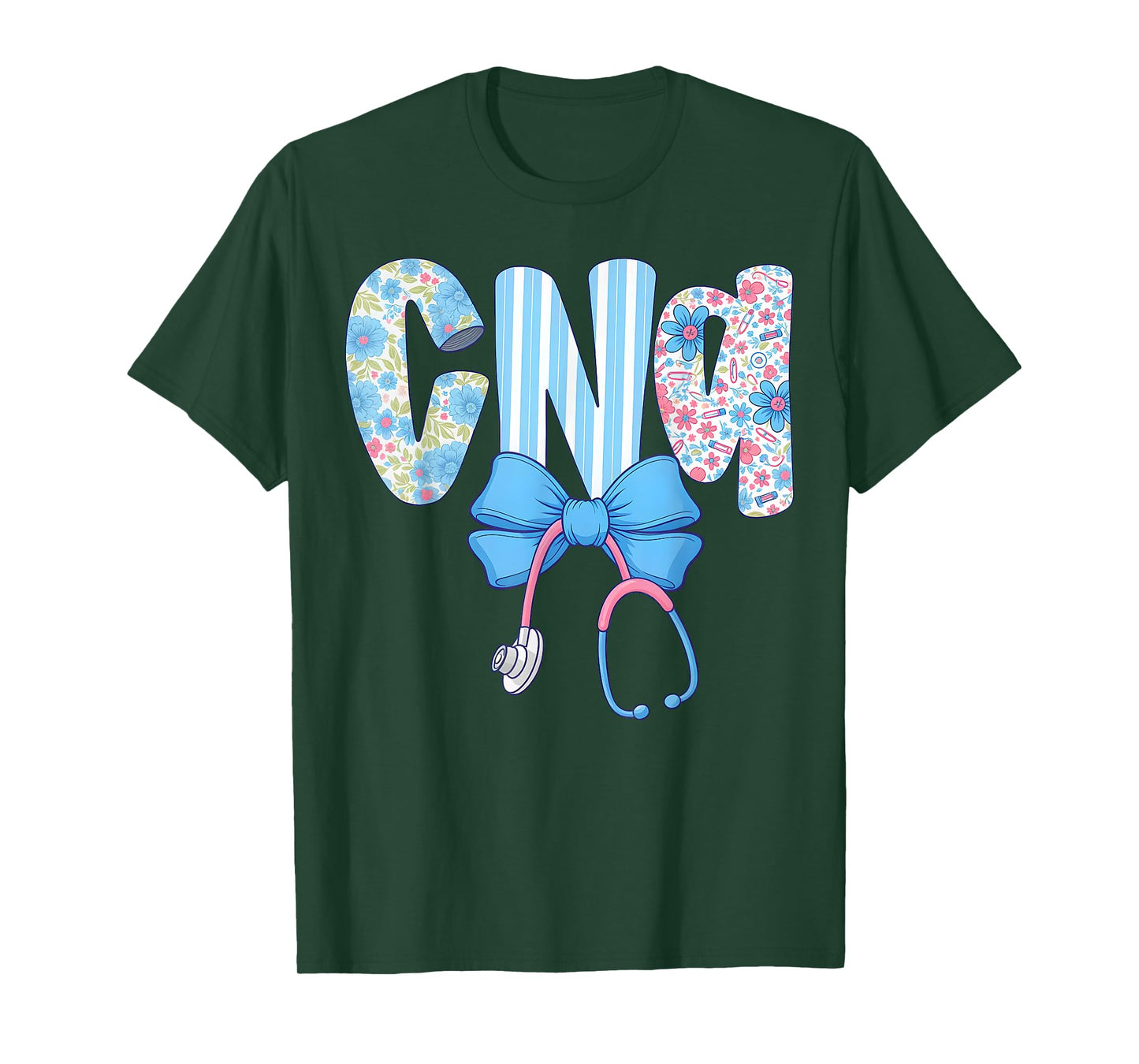 Coquette CNA Nurse Blue Floral Stethoscope Bow Cute Nurse T-Shirt