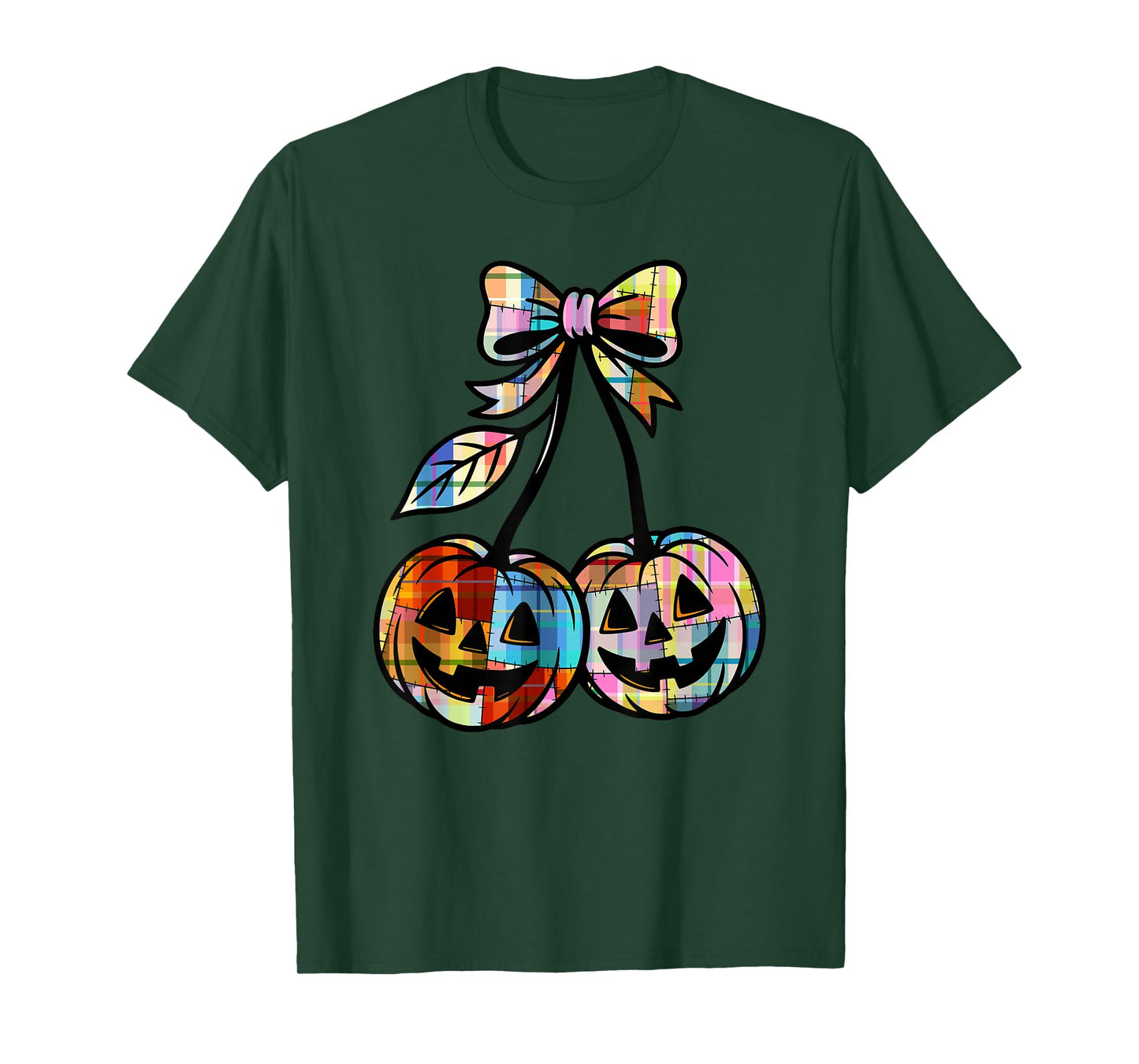 Pumpkin Cherries Coquette Plaid Retro Cherry Jack O'Lantern T-Shirt