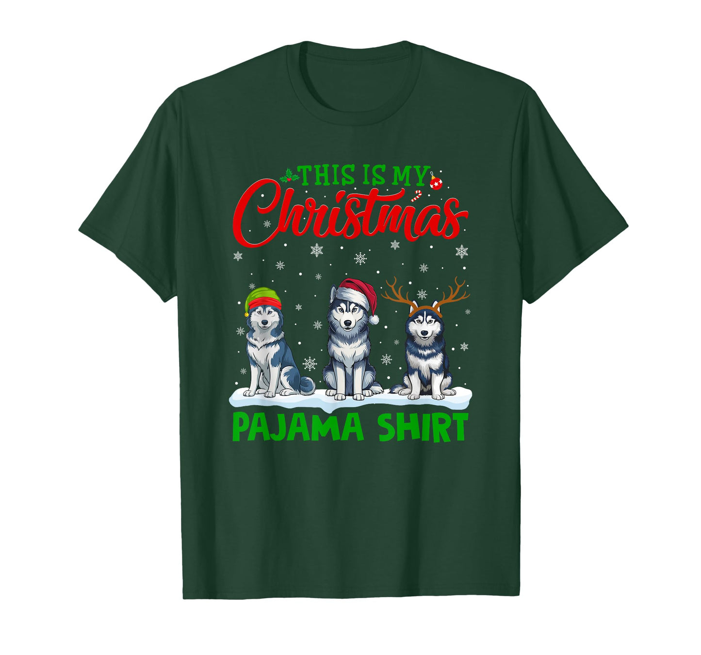 Xmas Santa Hat Reindeer Siberian Husky Dog Christmas Pajama T-Shirt