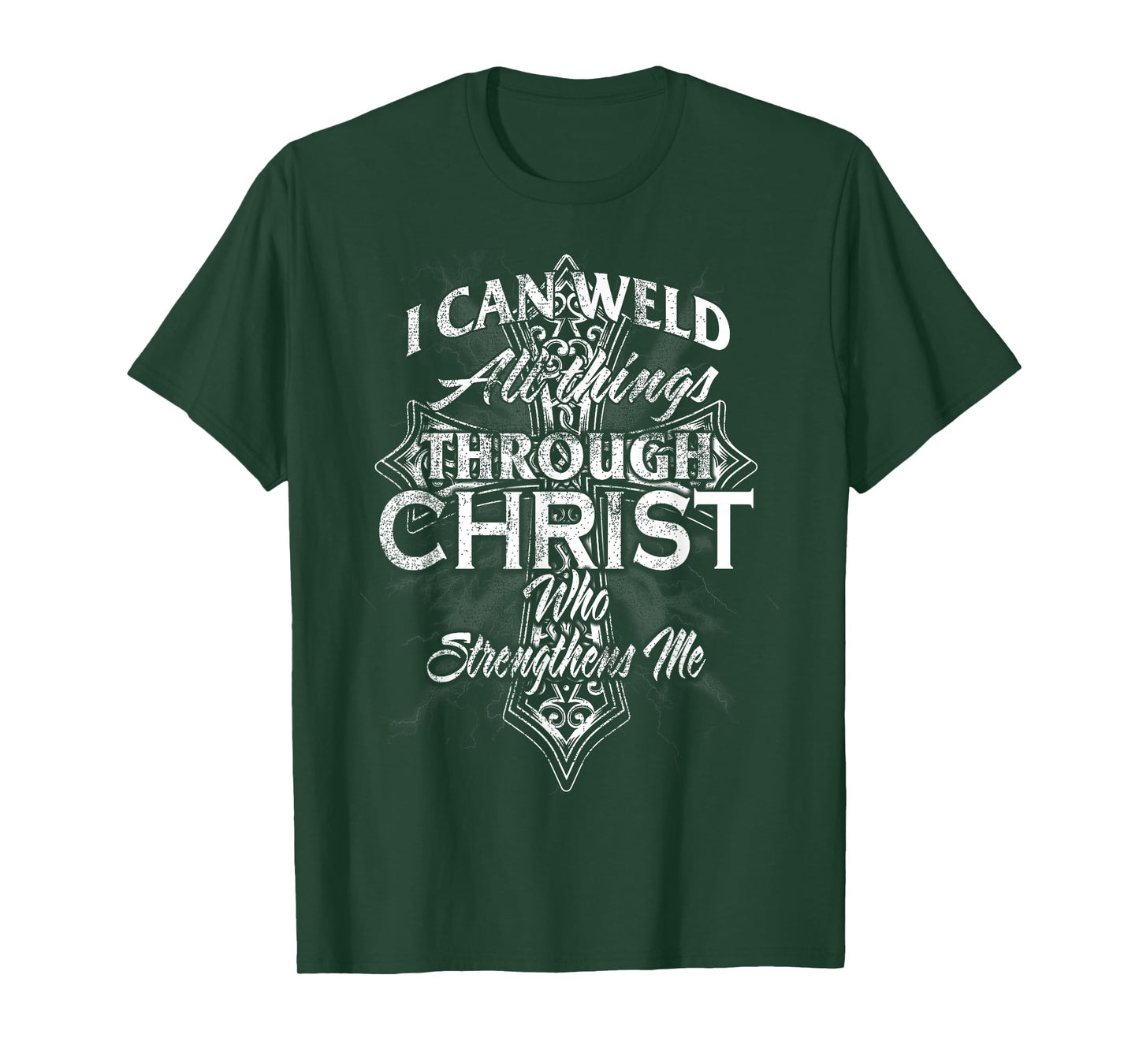 Proud Welder for men hmep18 Christian Welder Cross Men I Can Weld Through Christ T-Shirt