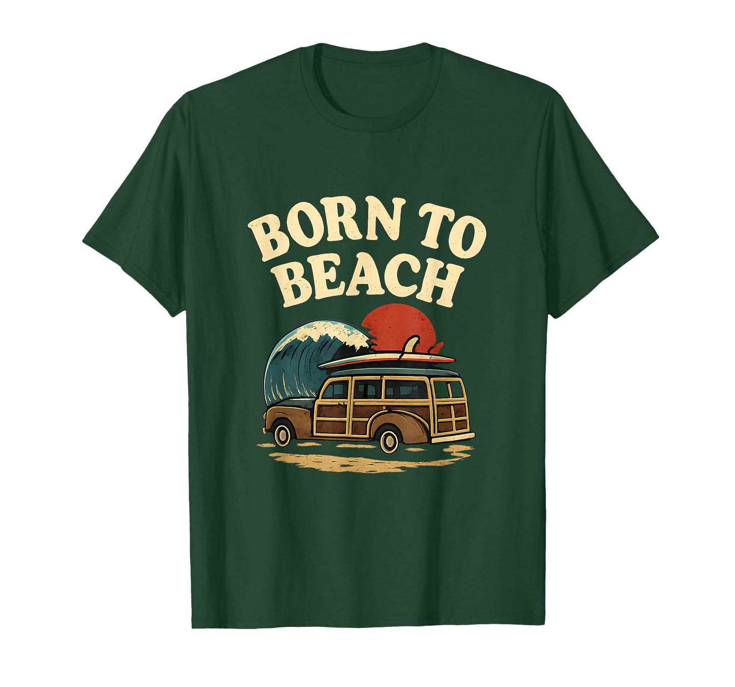 Born to Beach Vintage Surfboard Woody Wagon Summer Art T-Shirt