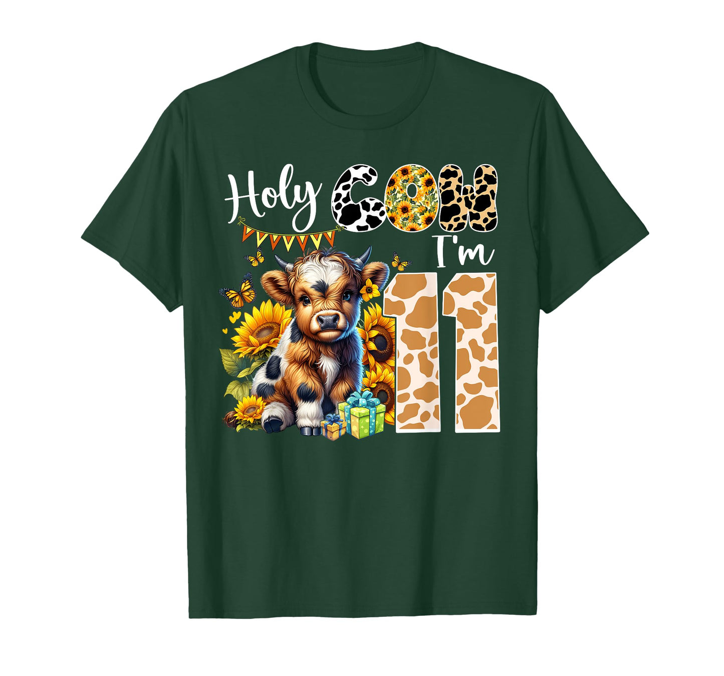 Holy Cow I’m 11 Years Old Dairy Cow Sunflowers 11th Birthday T-Shirt