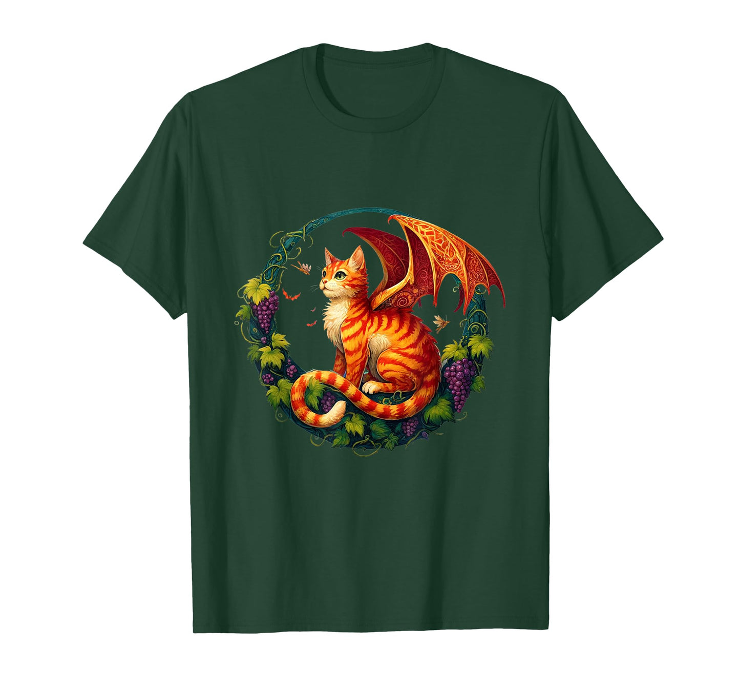Retro Mystical Orange Tabby Dragon Cat Fae With Grapevines Men Women Kids T-Shirt