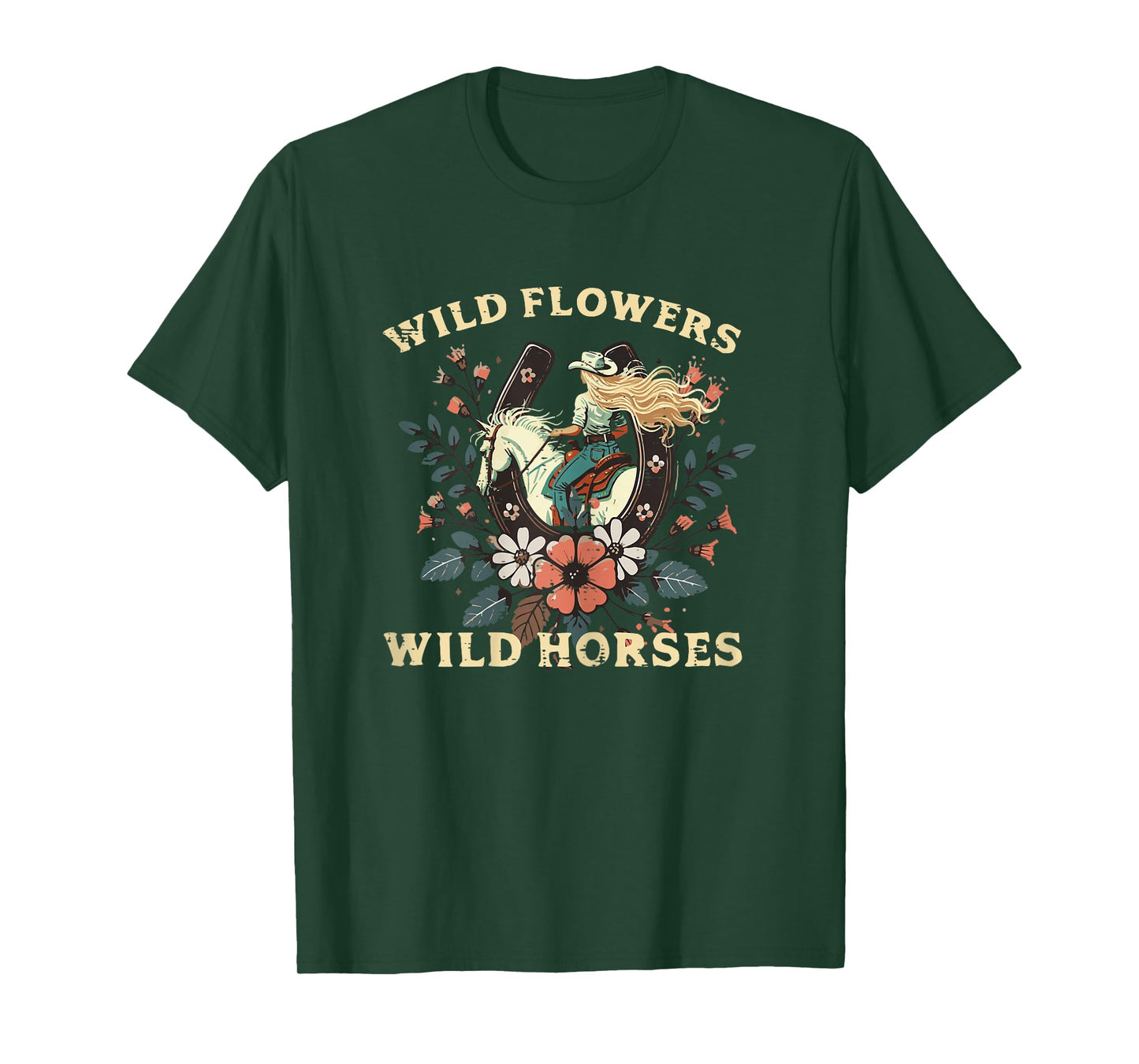 Wild Flowers Horses Vintage Equestrian Farm Women Girls Kids T-Shirt