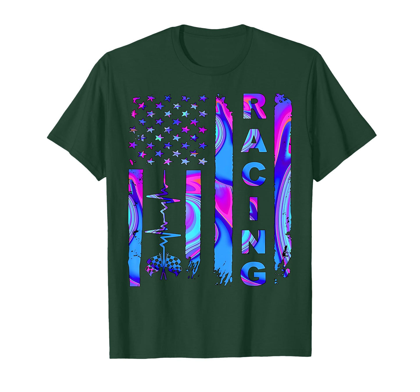 Tie Dye Heartbeat Checkered Flag Racing Patriotic Race Life T-Shirt for Women Men