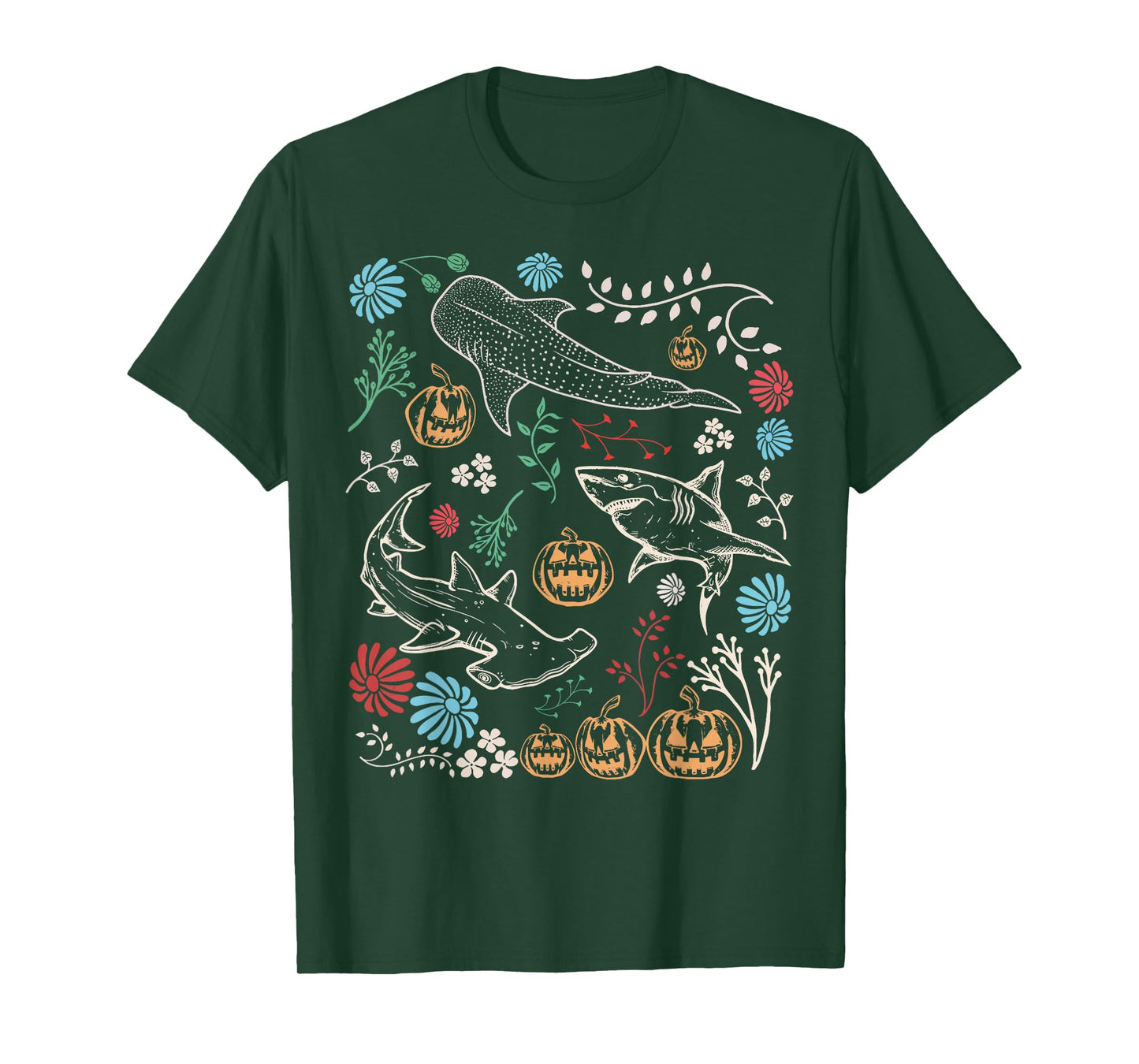 Vintage 90s Halloween Shark Pumpkin Ocean Marine Biology T-Shirt
