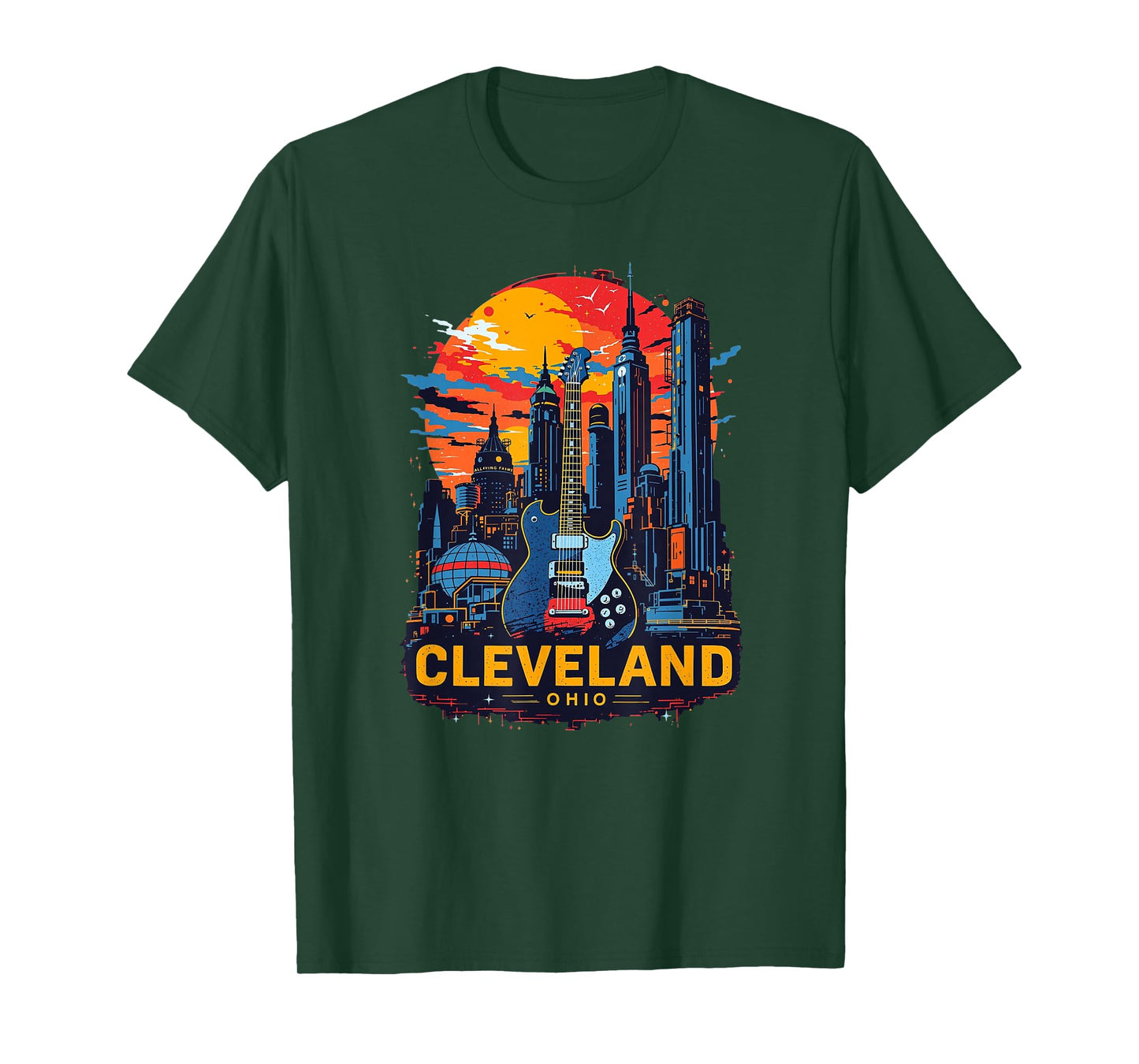 Vintage Cleveland Ohio Guitar Skyline Cityscape T-Shirt
