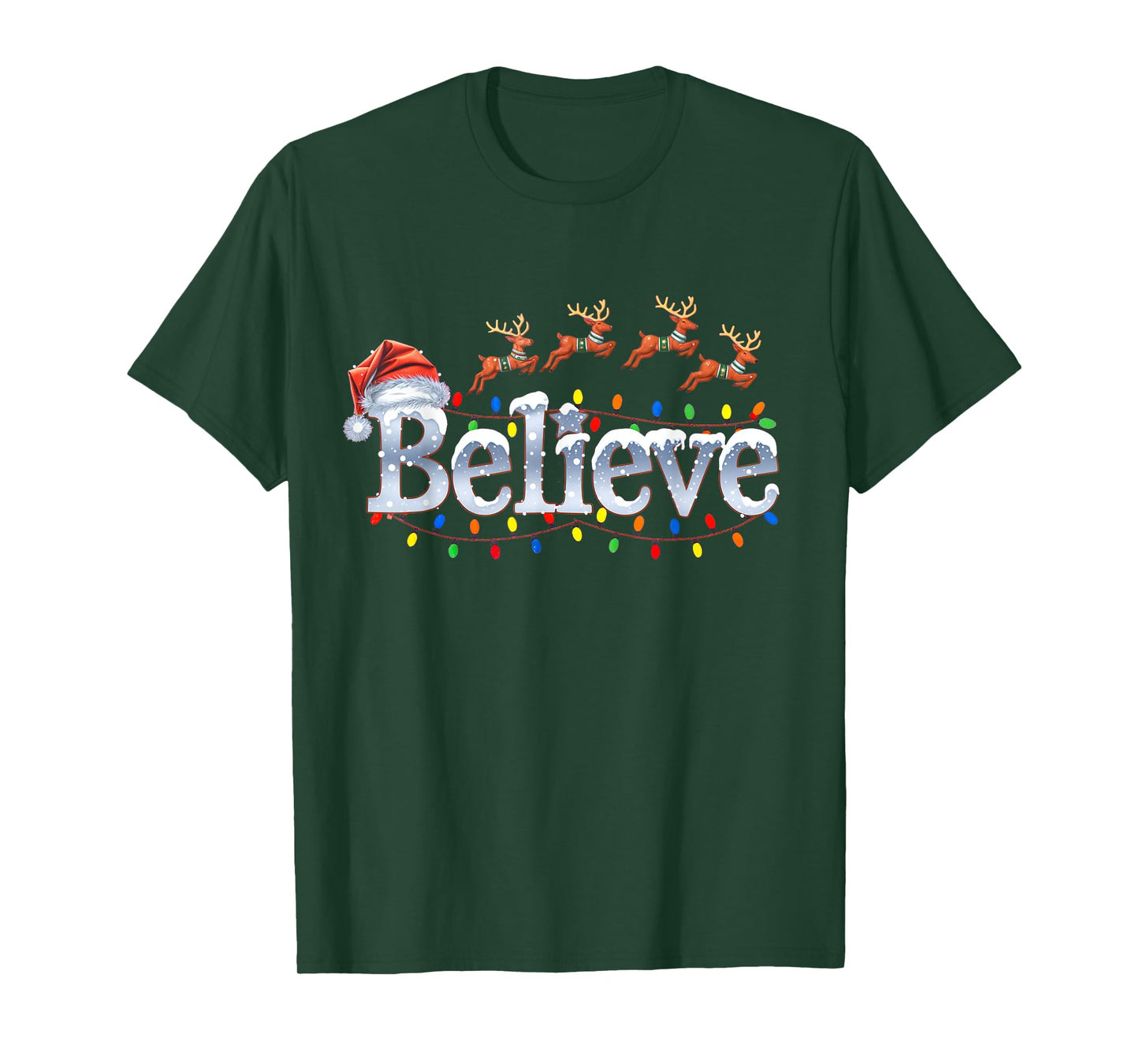 Christmas Believe Santa Claus Hat Reindeers Xmas Lights T-Shirt
