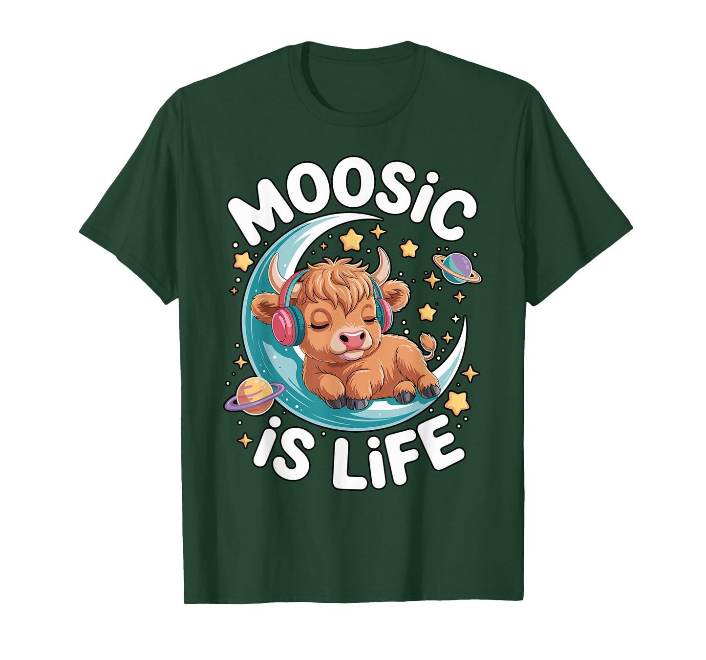 Funny Moosic is Life Cute High Land Cow On Moon Women, Girls T-Shirt