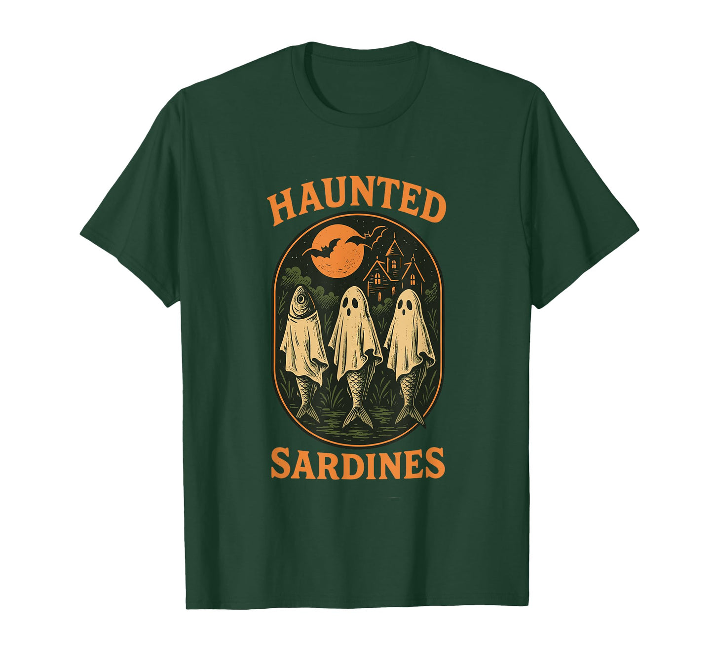 Haunted Sardines Halloween Fish Skeleton Ghost Retro Fishing T-Shirt