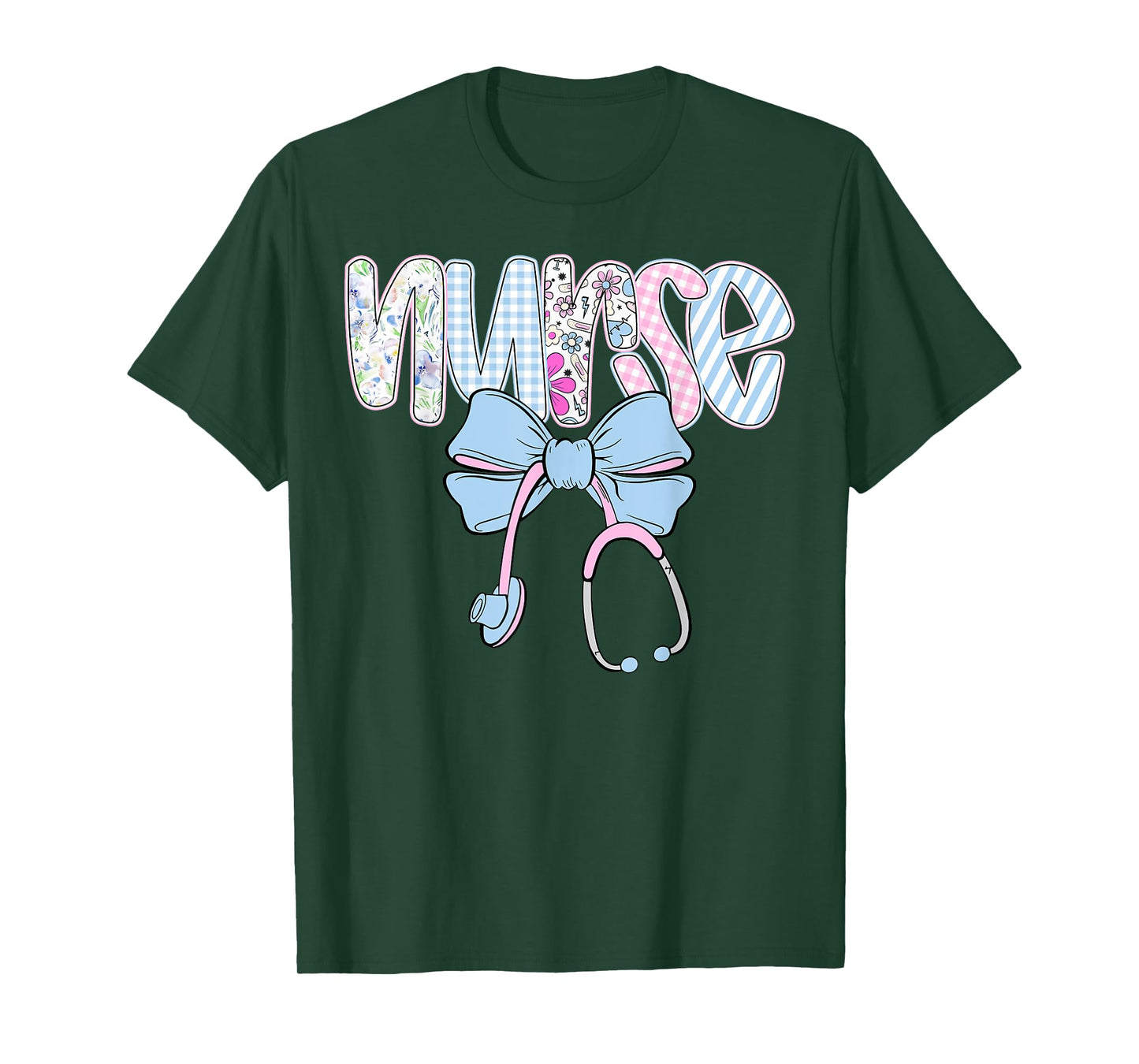 Nurse Floral Blue Coquette Bow Nurse Stethoscope RN CNA ER T-Shirt