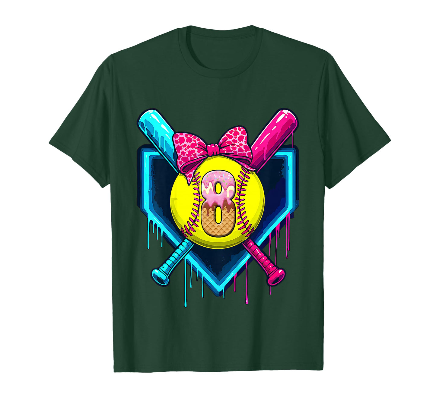 Softball 8 Years Old Ice Cream Drip 8th Birthday Girl T-Shirt