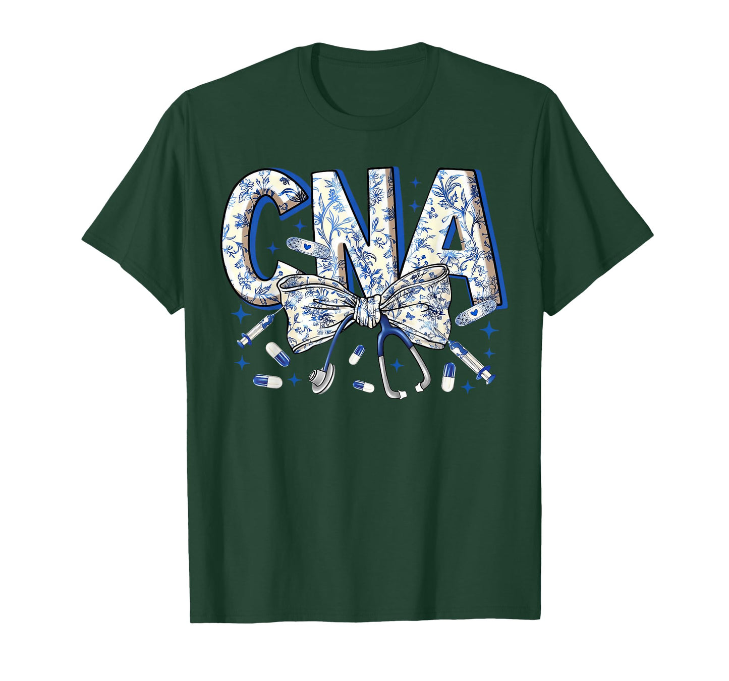Coquette CNA Nurse Blue Floral Stethoscope Bow Cute Nurse T-Shirt