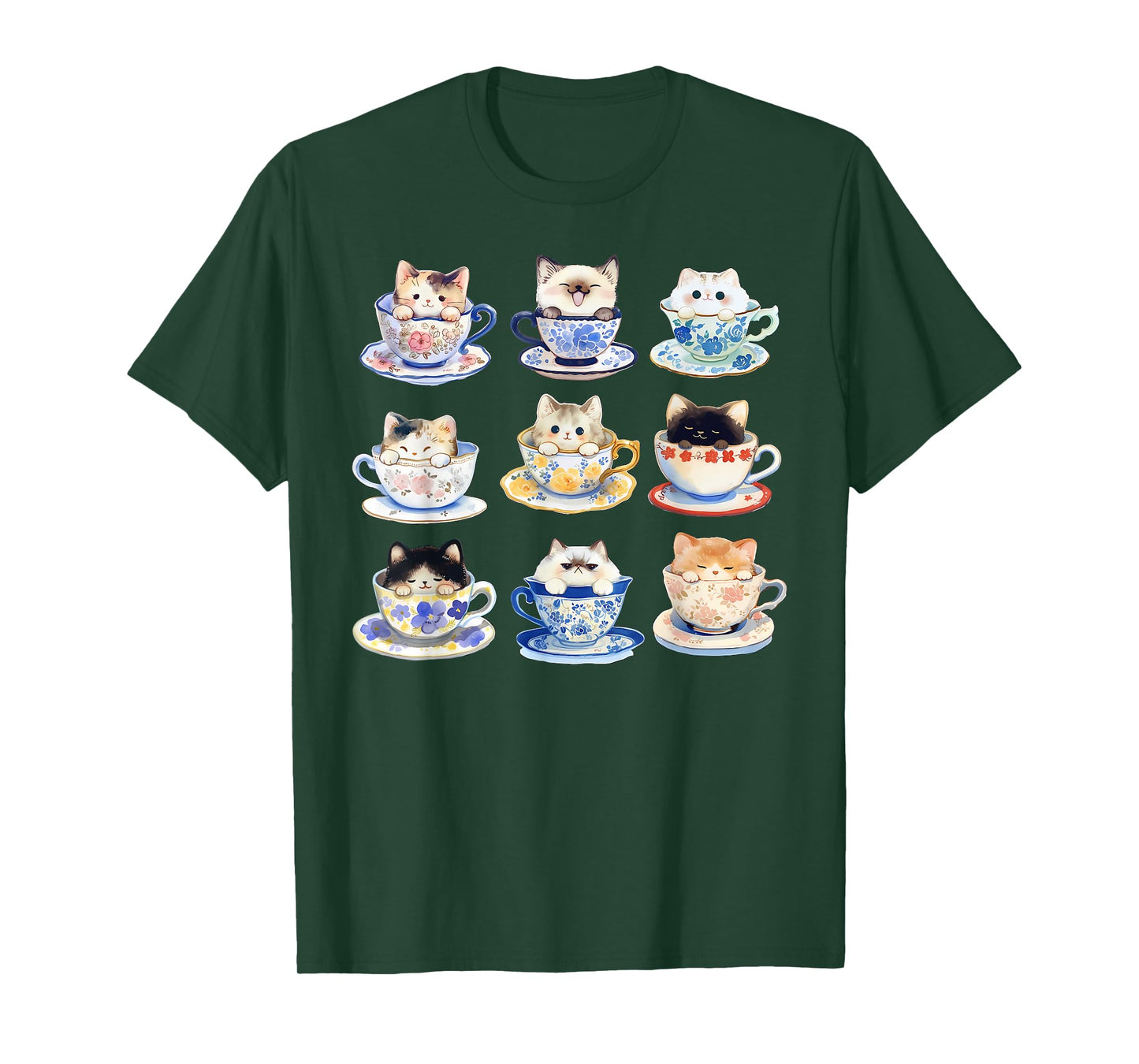 Watercolor Cute Kitten On Teacups Cat Lover Aesthetic Floral T-Shirt
