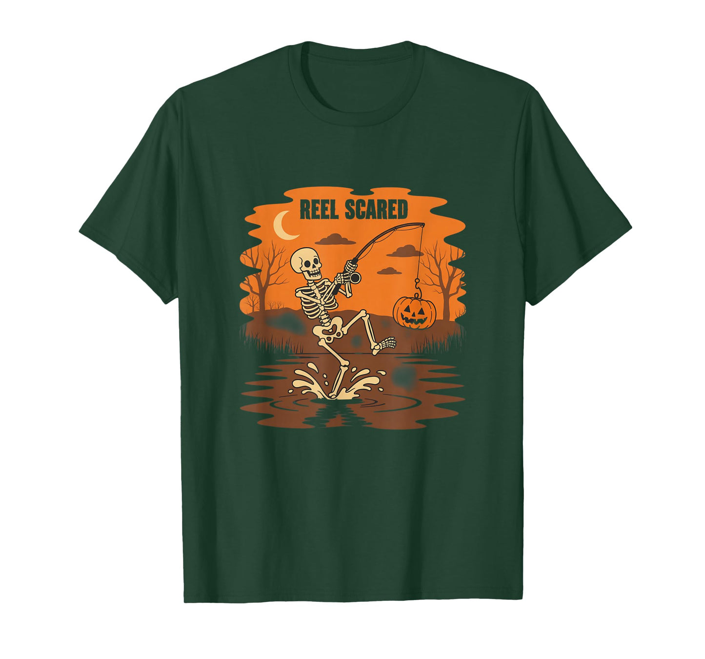 Reel Scared Skeleton Fishing Halloween Pumpkin Lake T-Shirt