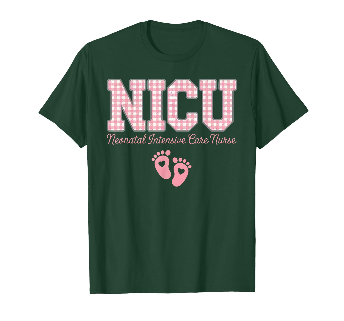NICU Nurse Neonatal Care Pink Gingham Heart Baby Footprints T-Shirt