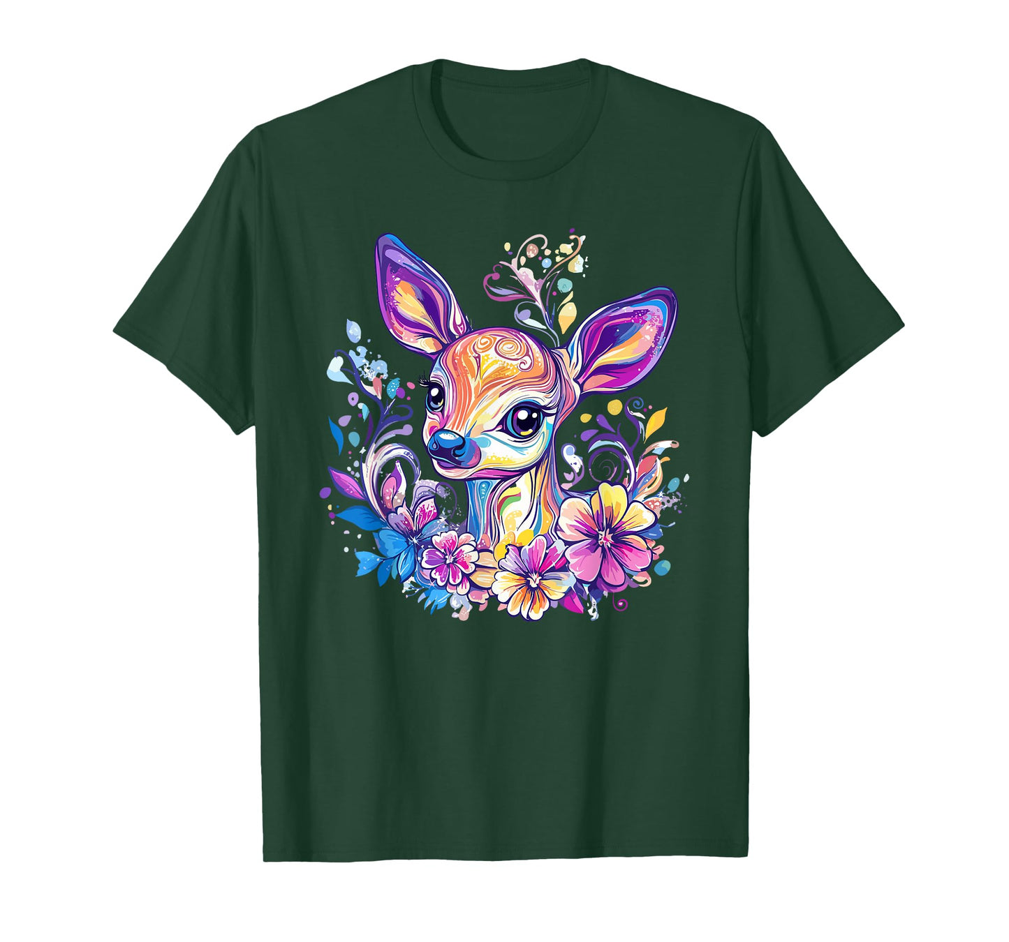 Whimsical Deer With Colorful Floral Pattern T-Shirt