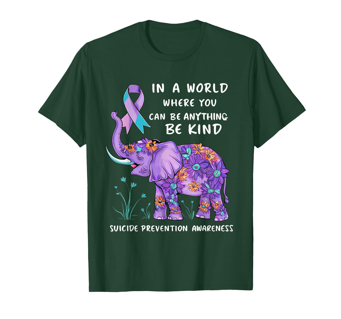 Suicide Prevention Awareness Elephant Teal & Purple Ribbon T-Shirt