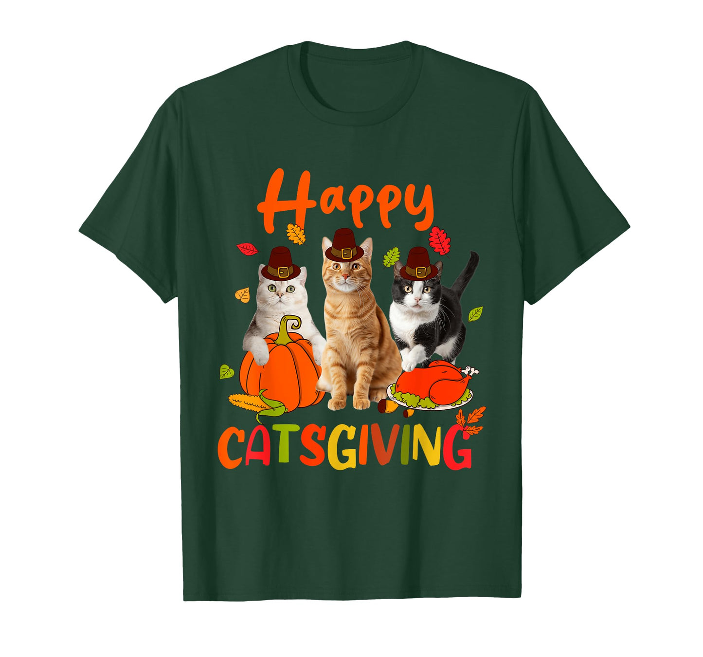 Happy Catsgiving Thanksgiving Kitten Cat Wears Pilgrim Hat T-Shirt