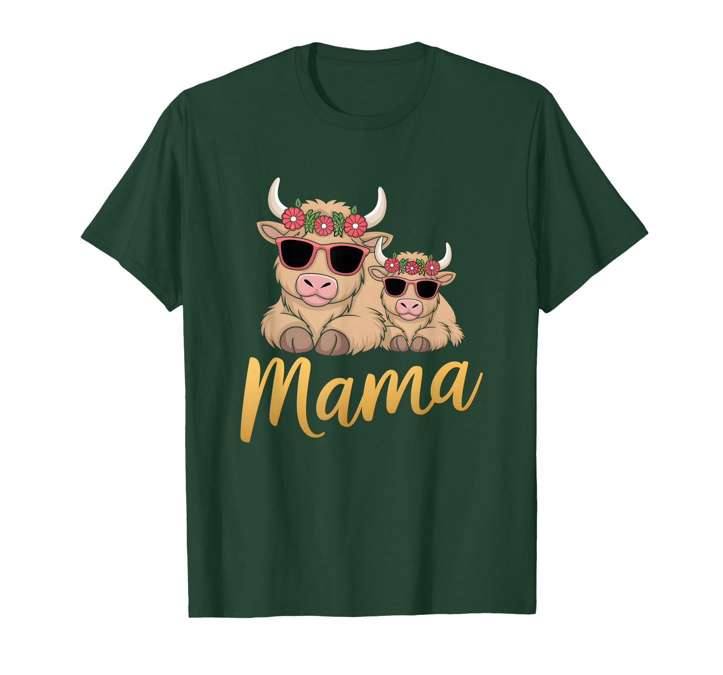 Mama Highland Cow With Baby Calf Mothers Day Family Floral T-Shirt