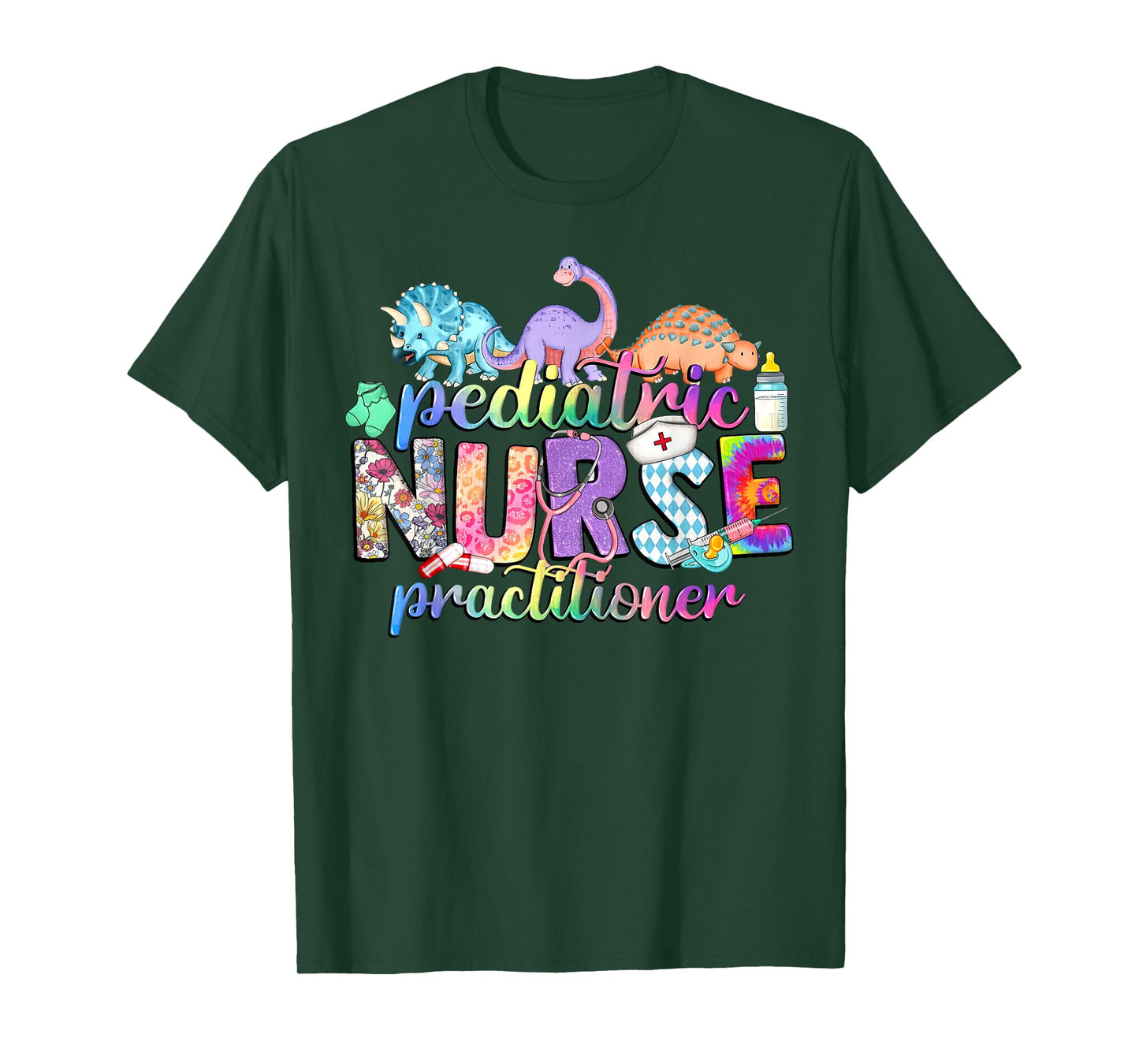 Tie Dye Pediatric Nurse Practitioner Dinosaur NP PEDS Crew T-Shirt