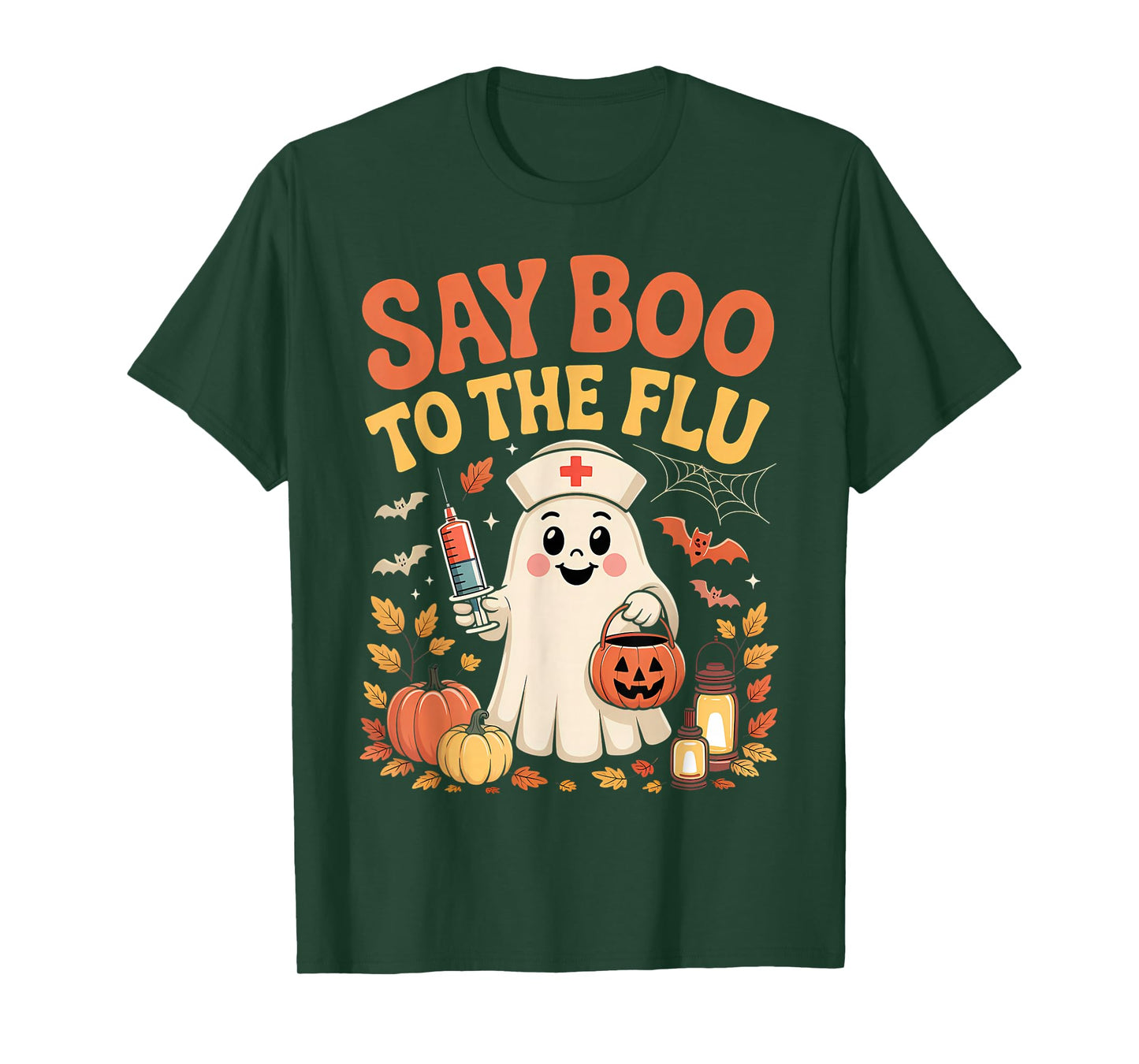 Funny Retro Nurse Ghost Halloween Vaccine Say Boo to The Flu T-Shirt