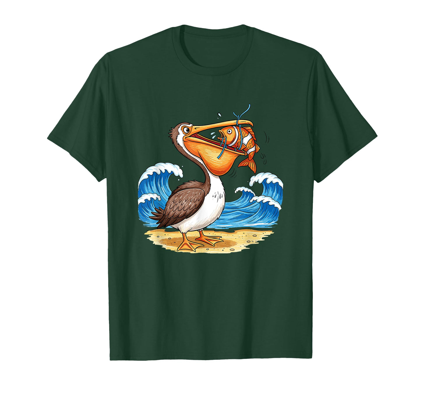 Pelican Catching Fish Beach Waves Scene T-Shirt