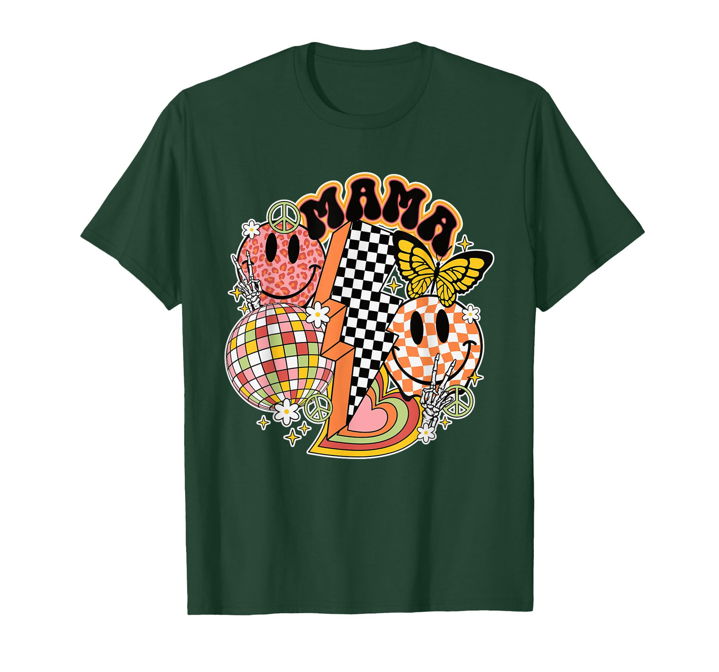 Retro Mama Happy Face Peace Sign Disco Ball Lightning Bolt T-Shirt