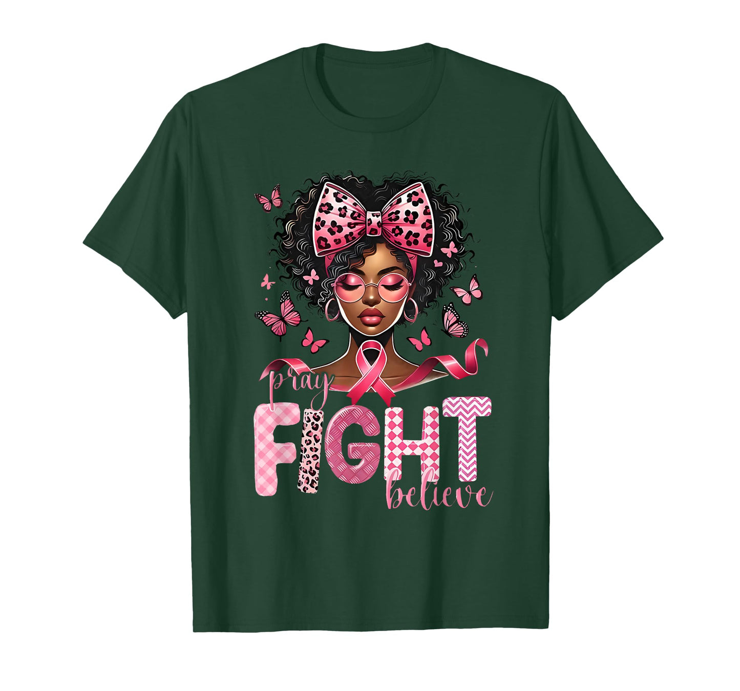 Pray Believe Fight Messy Bun Black Women Pink Breast Cancer T-Shirt