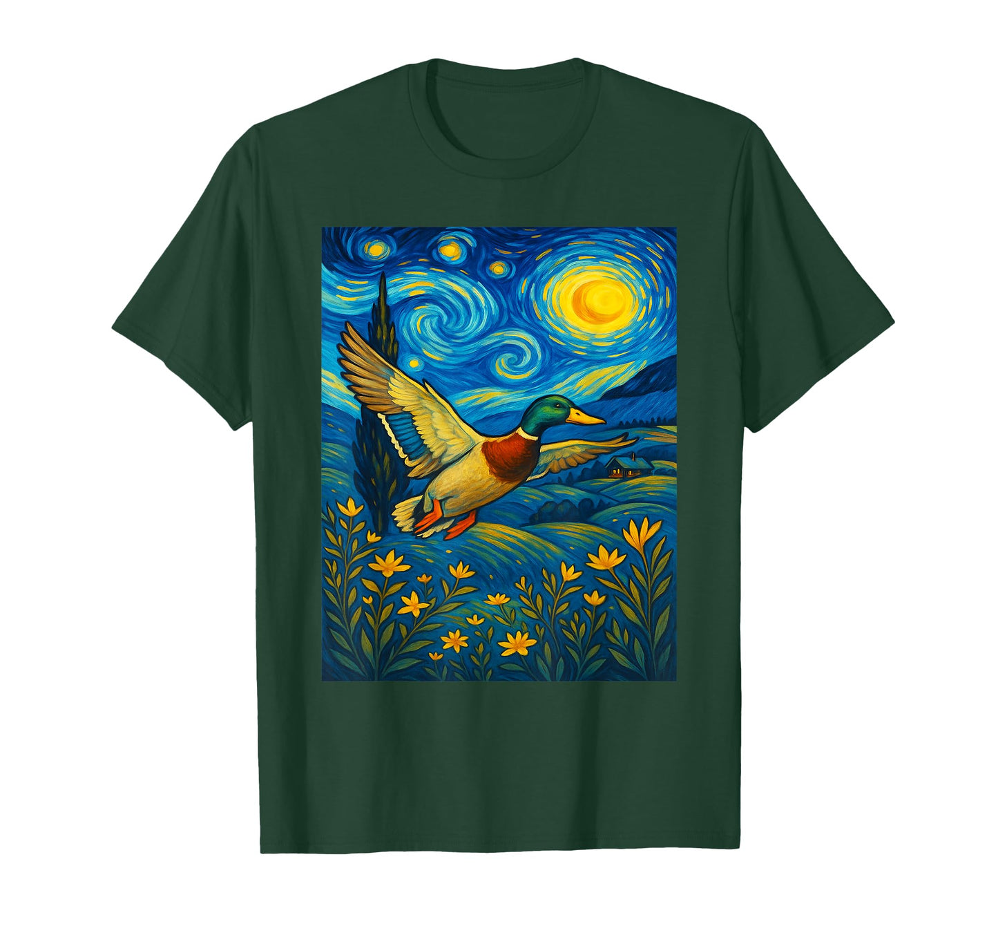 Starry Night Mallard Duck Van Gogh Style Hunting Farmer Farm T-Shirt