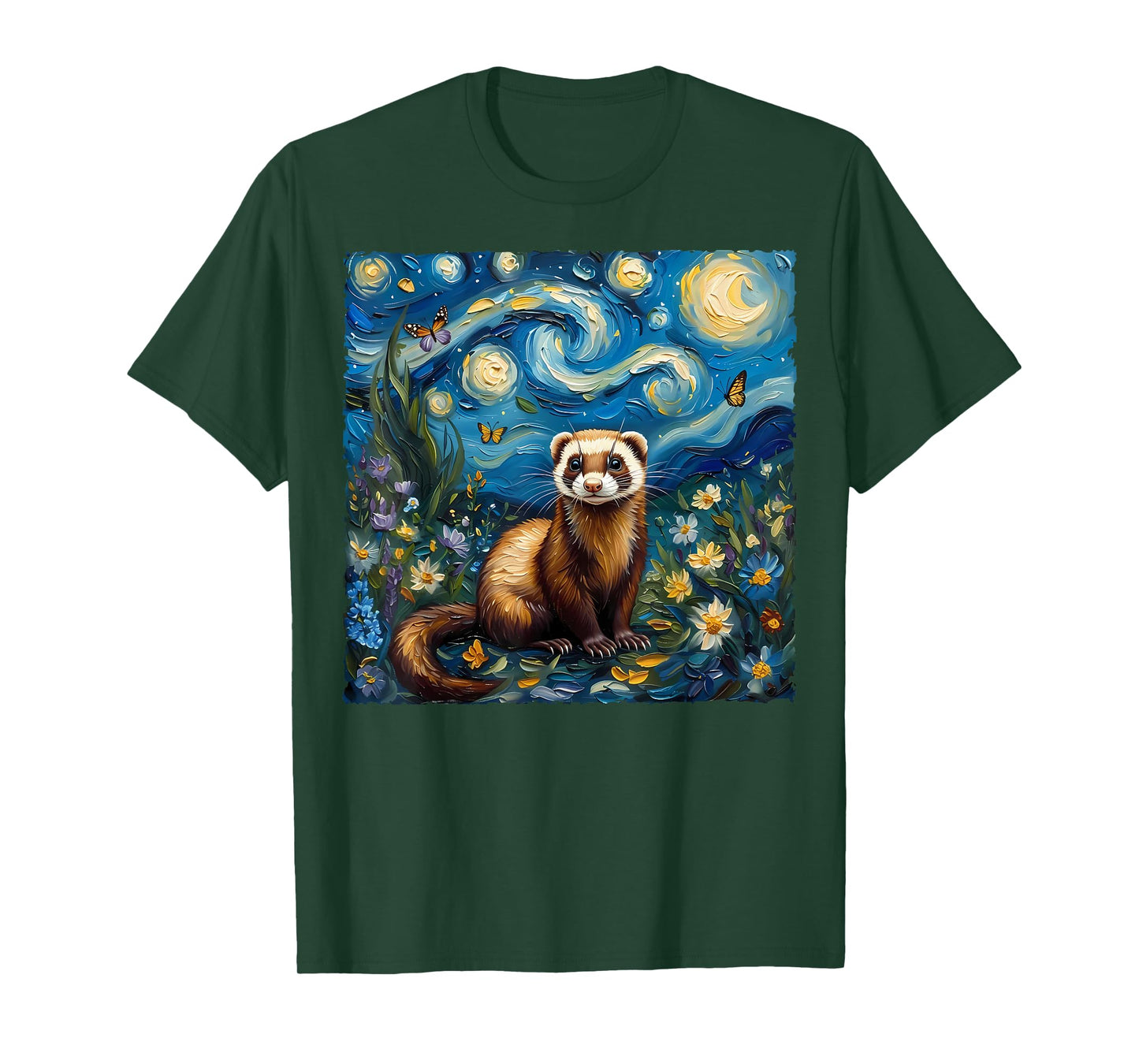 Van Gogh's Starry Night Style Earth Day Ferret Wildlife Art T-Shirt