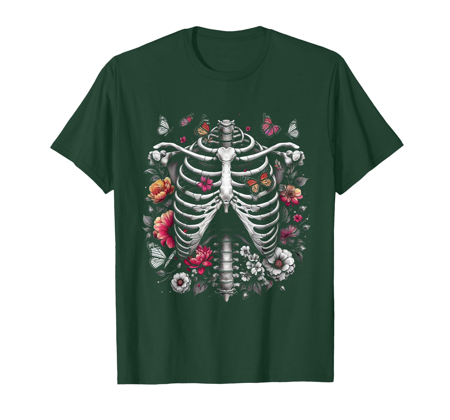 Floral Skeleton Ribcage and Butterflies Spooky Halloween T-Shirt