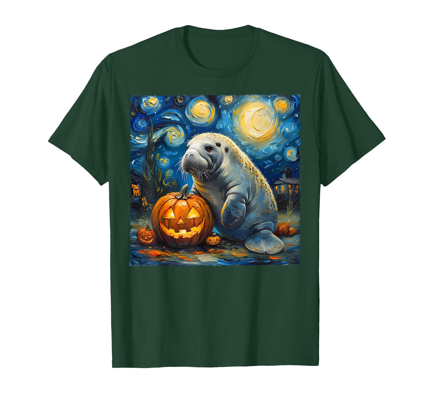 Manatee Pumpkin Van Gogh The Starry Night Halloween Artwork T-Shirt