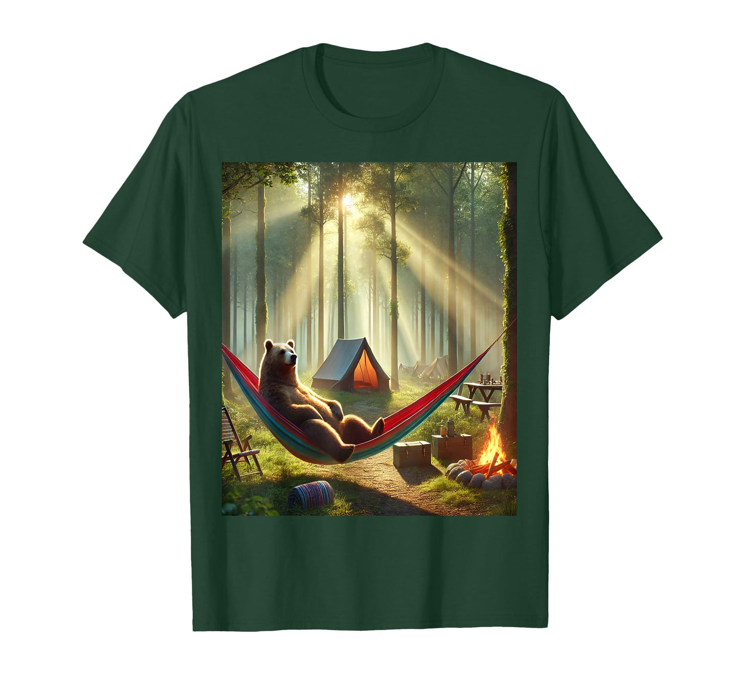 Nature Camping Bear - Relaxed Hammock and Tent Forest Scene T-Shirt