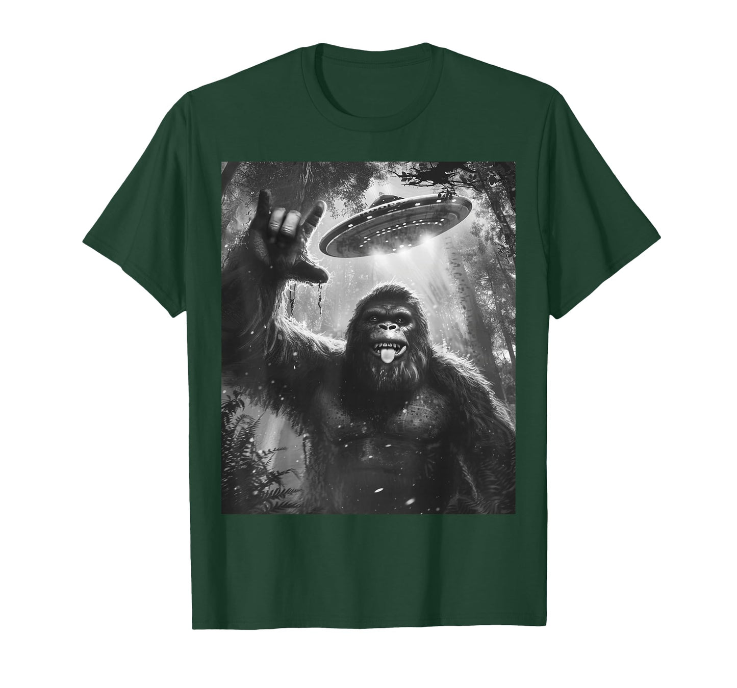 Funny Sasquatch Bigfoot Rock On Selfie with UFO Alien Saucer T-Shirt