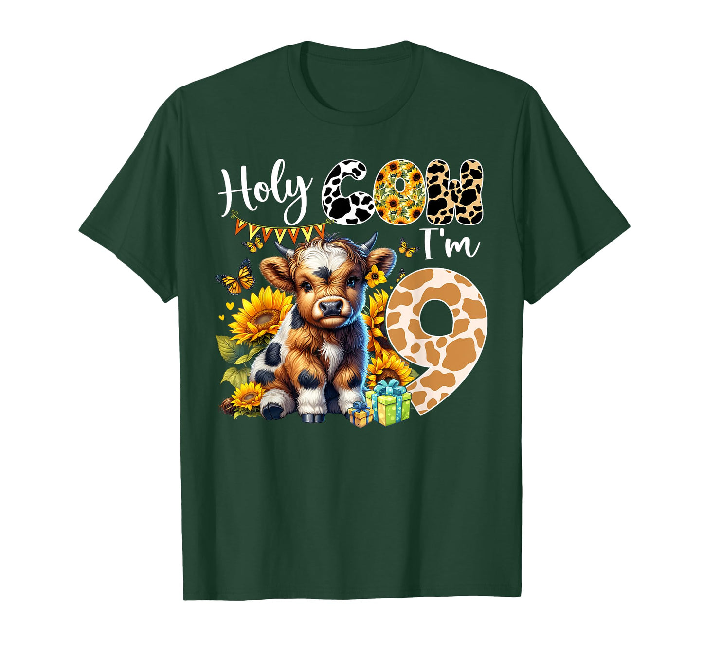 Holy Cow I’m 9 Years Old Dairy Cow Sunflowers 9th Birthday T-Shirt