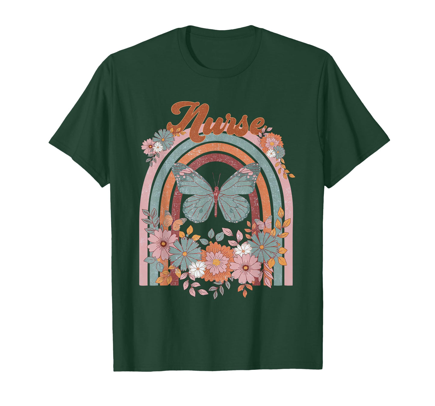 Nurse Vintage Floral Boho Hippie Rainbow Butterfly Men Women T-Shirt