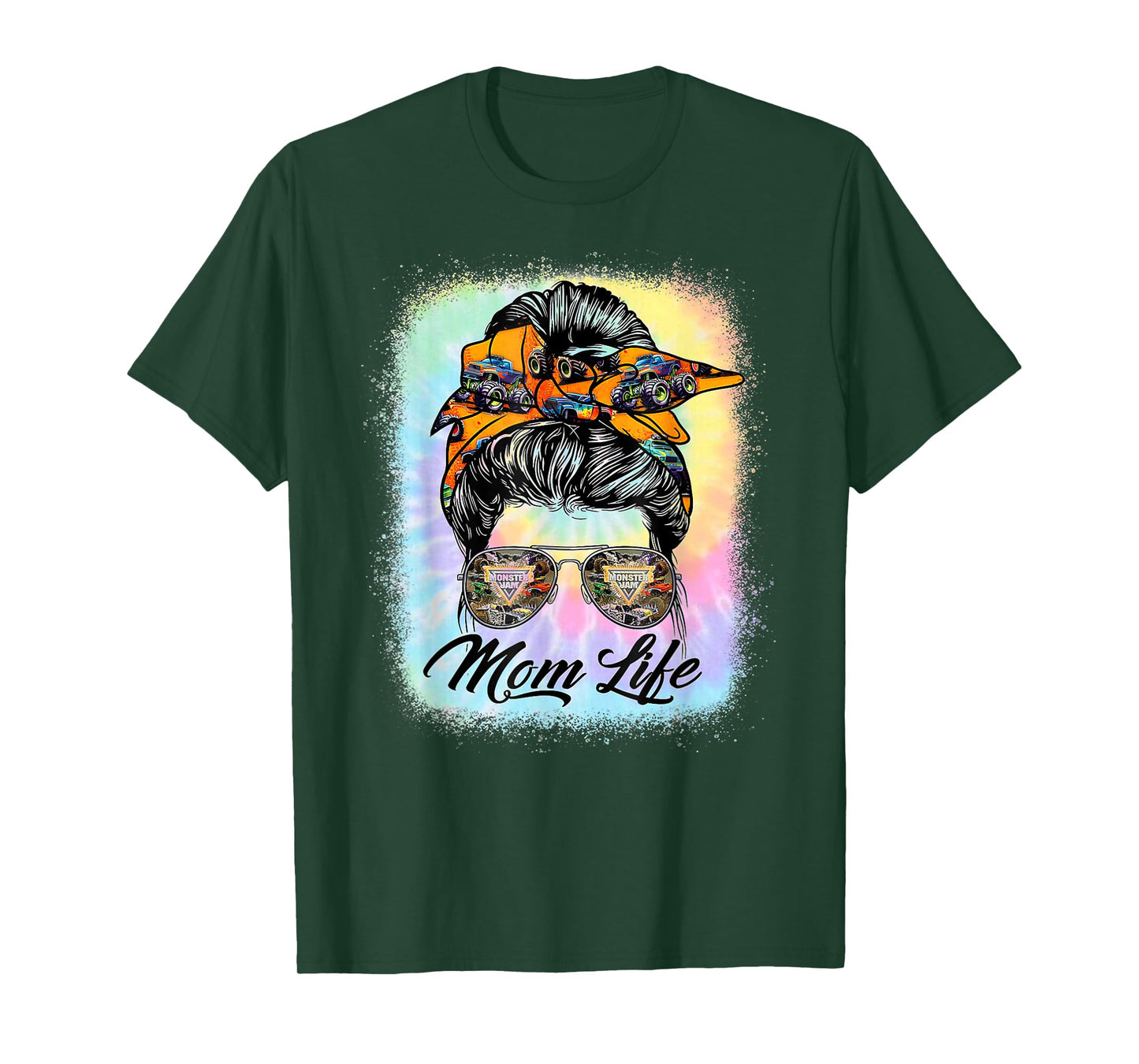 Messy Bun Woman & Monster Truck Mom Life Happy Tie Dye T-Shirt
