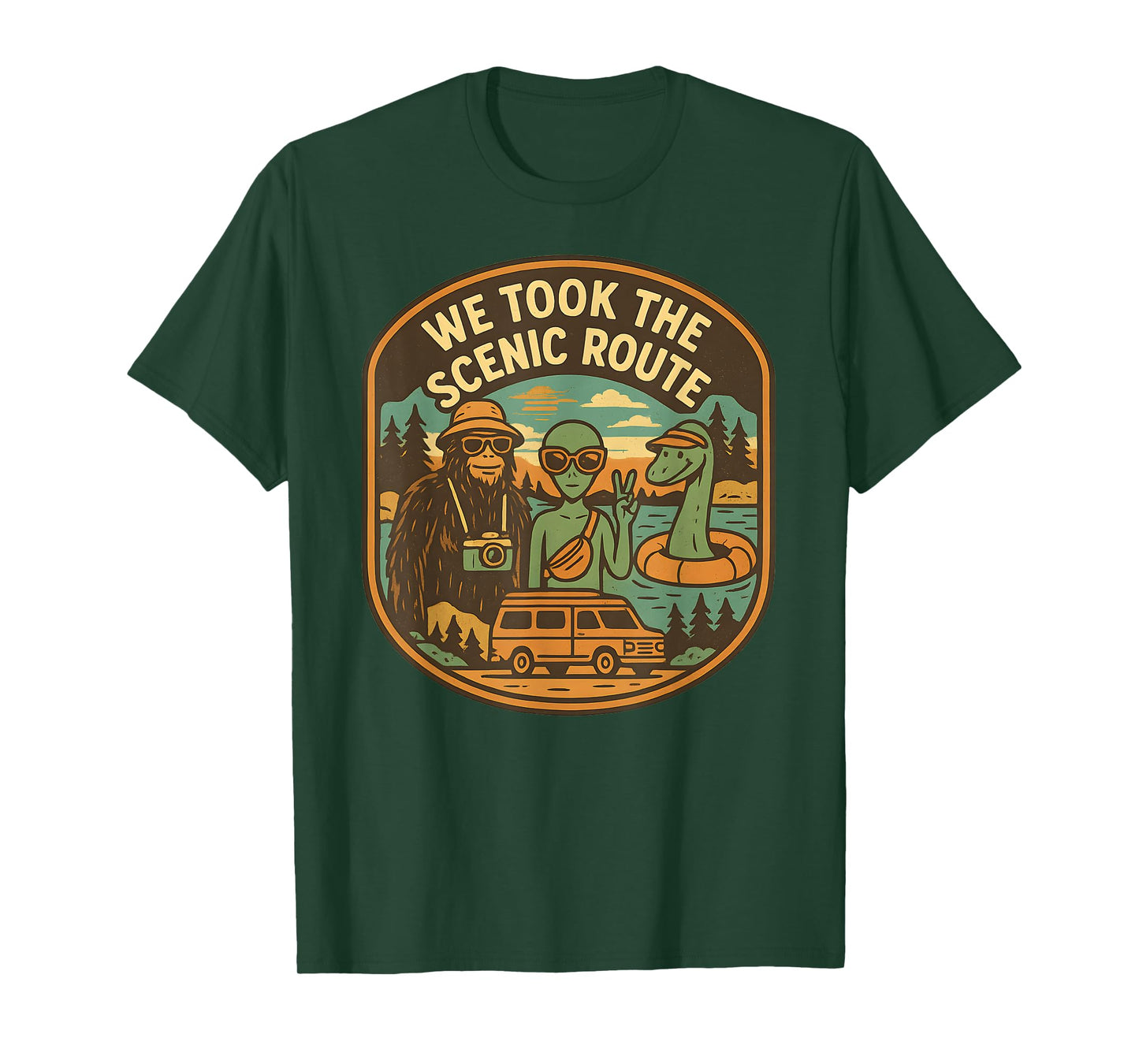 Scenic Route Funny Cryptid Road Trip Bigfoot Alien Nessie T-Shirt