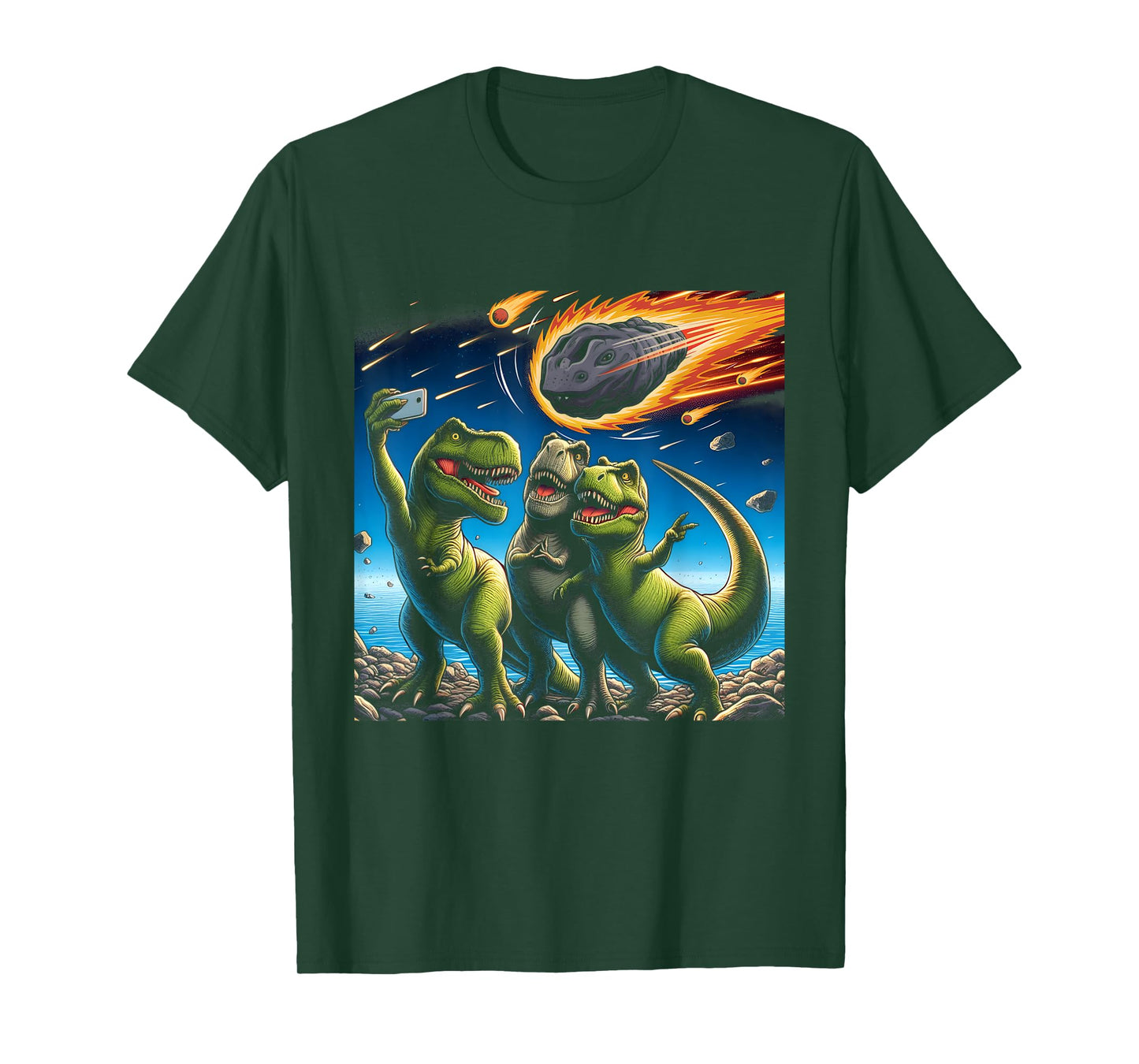 Dinosaur T Rex Selfie Amid Falling Meteor Extinction Moment T-Shirt