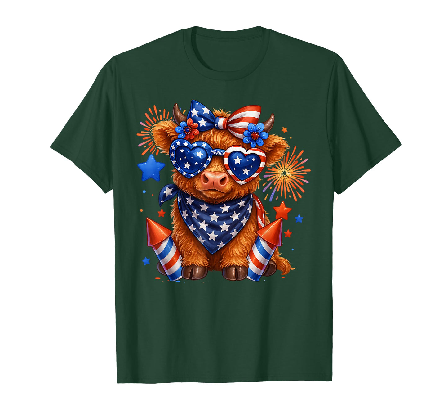 Cute Highland Cow 4th Of July USA Flag Patriotic Cow Farmer T-Shirt