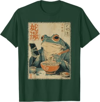 Funny Grumpy Frog Eat Ramen and Scroll Phone Japanese Art T-Shirt