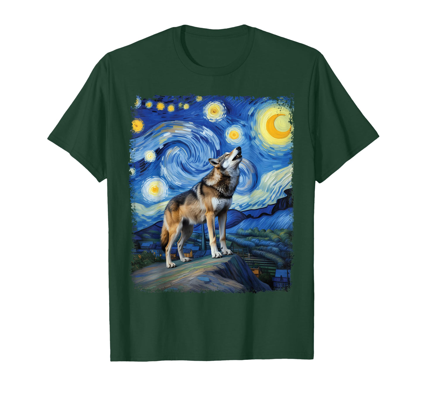 Wolf Starry Night Howling Moon Wildlife Painting T-Shirt