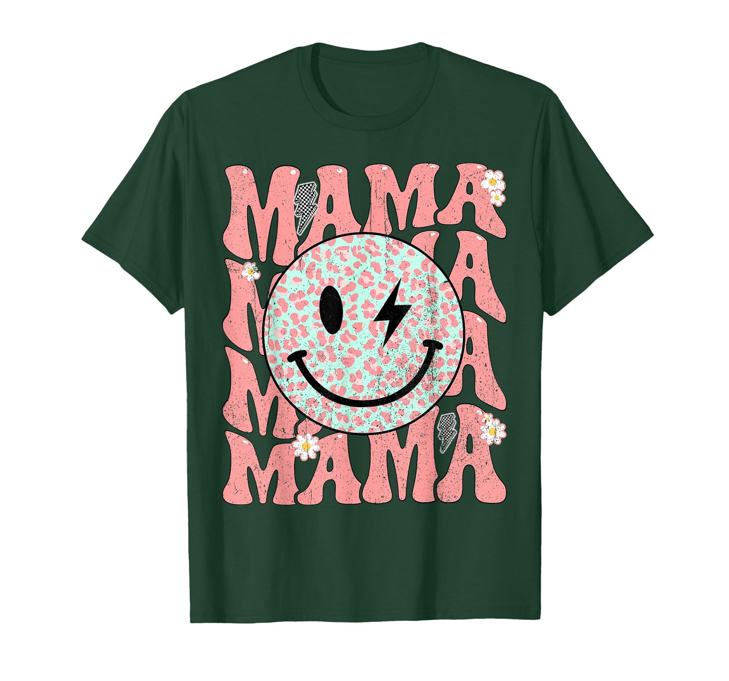 Groovy Mama Smile Face Leopard Bolt Lightning Retro Mom Life T-Shirt