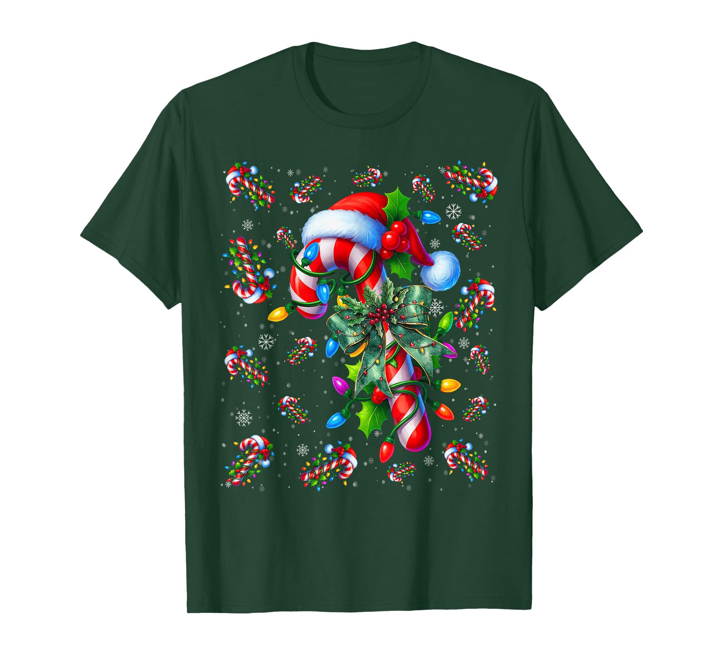 Candy Cane Santa Hat Christmas Lights Merry and Bright Xmas T-Shirt