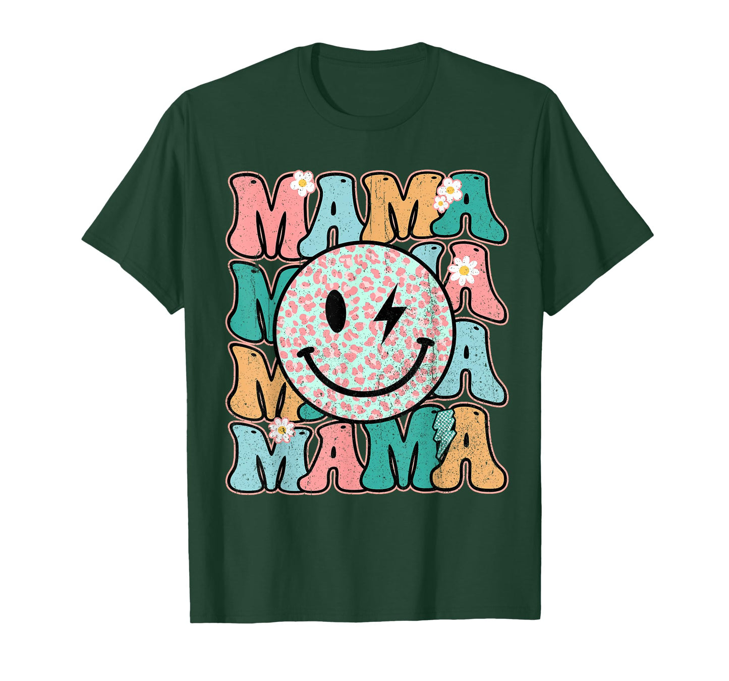 Checkered Mama Smile Face Bolt Lightning Groovy Mother's Day T-Shirt