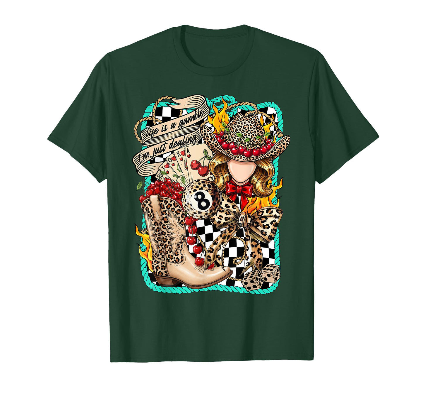 Life Is a Gamble Cowgirl Wild West Leopard Dice & Cherry T-Shirt