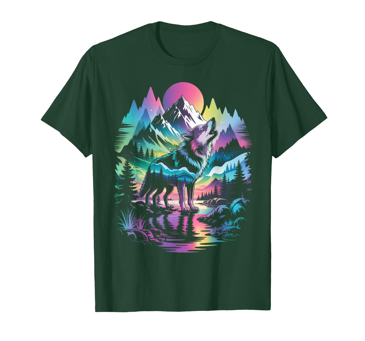 Wolf Forest Moon Vintage Cosmic Howling Wolf Lover Graphic T-Shirt