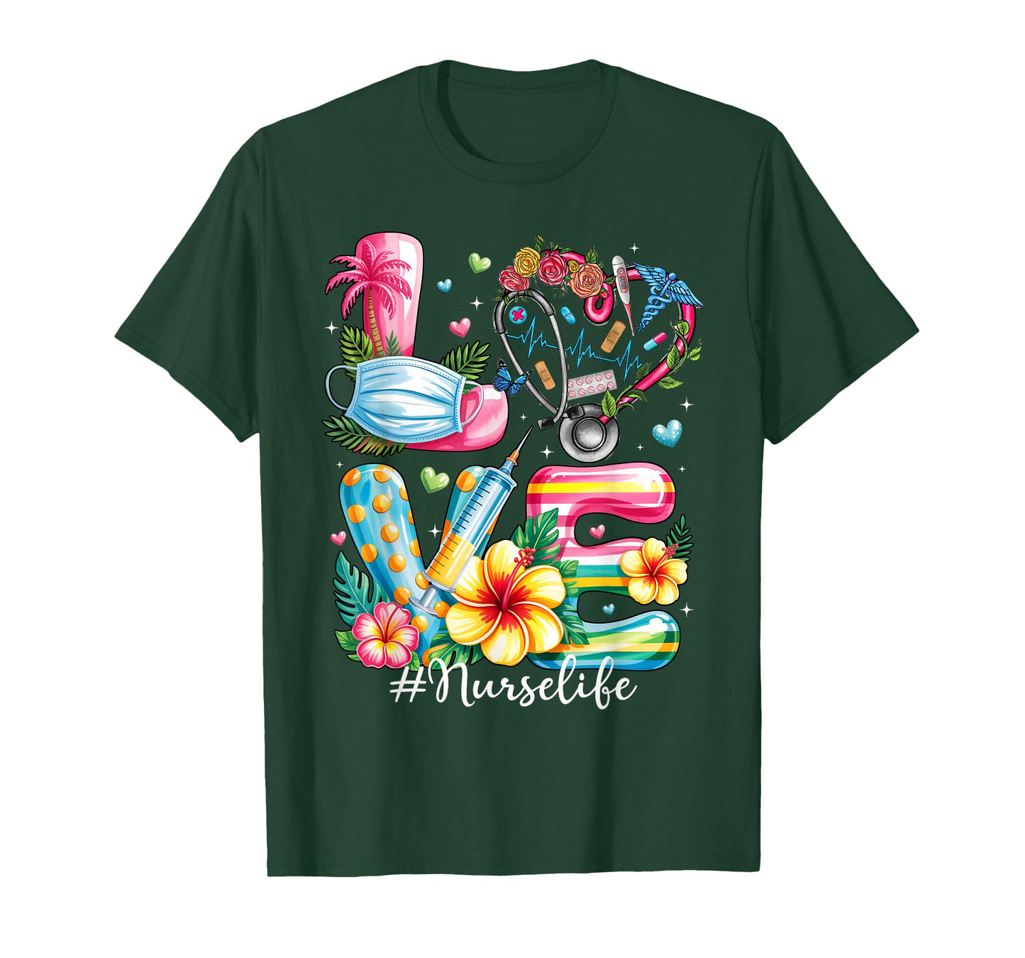 Love Summer Nurse Life Stethoscope Tropical Flowers Hawaii T-Shirt
