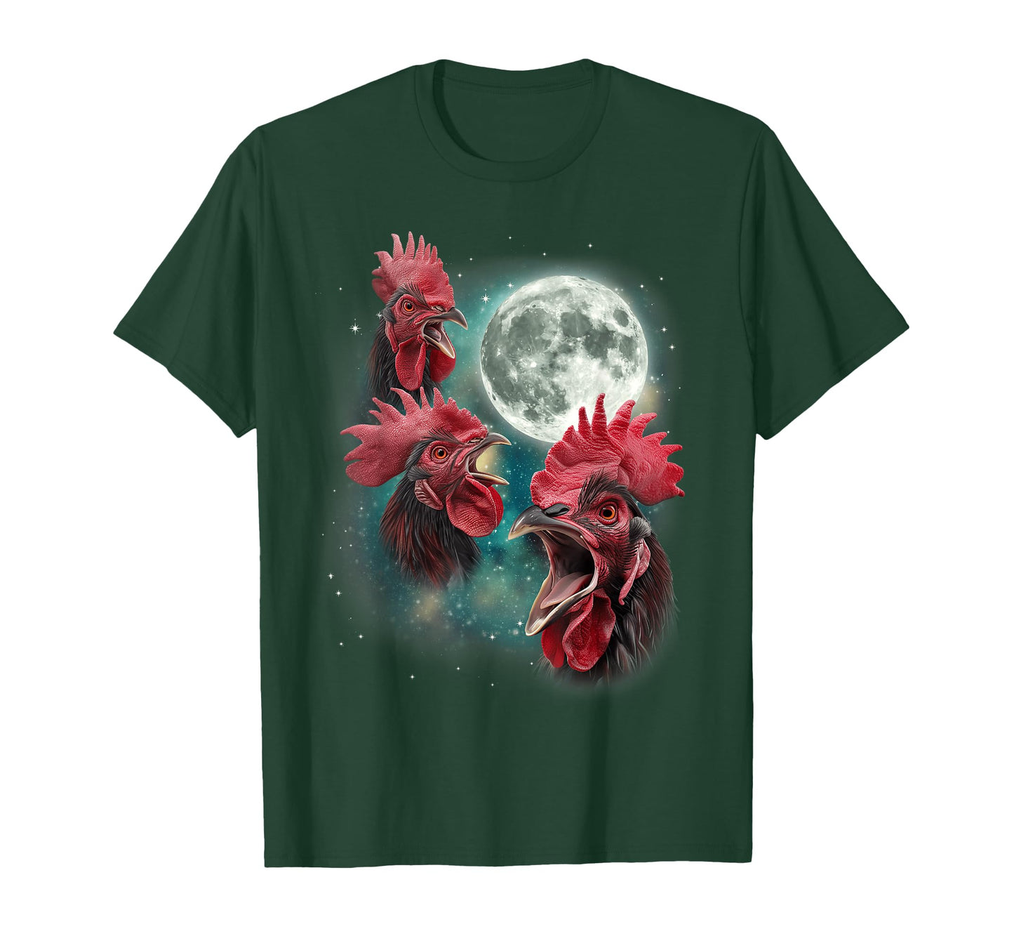 Three Rooster Moon | 3 Chickens Cluck At Moon Cursed Farm T-Shirt